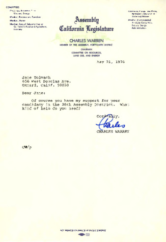 Letter to Jane Tolmach from Charles Warren thumbnail