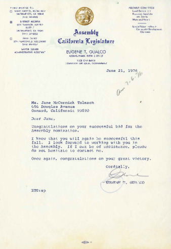 Letter to Jane Tolmach from Assemblyman Eugene T. Gualco thumbnail