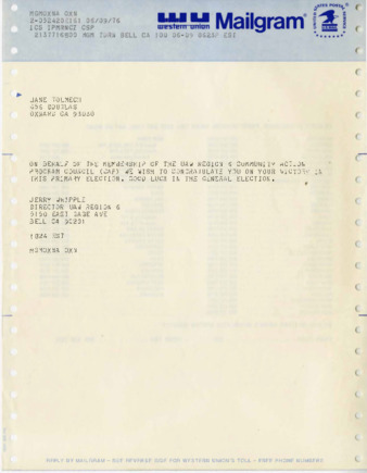 Letter to Jane Tolmach from Jerry Whipple, Director of UAW Region 6 thumbnail