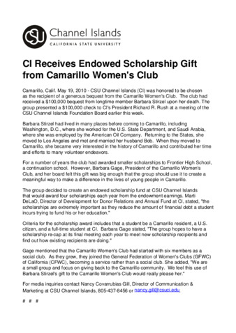 CI Receives Endowed Scholarship Gift from Camarillo Women's Club thumbnail
