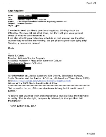 Email from Maria Cotera to Lupe Anguiano Regarding Lupe's Interview thumbnail