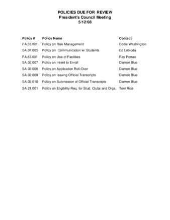 Policies Due for Review: President's Council Meeting 5/12/08 thumbnail