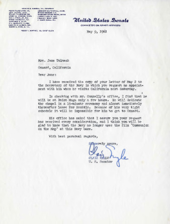 Letter to Jane Tolmach from Senator Clair Engle thumbnail