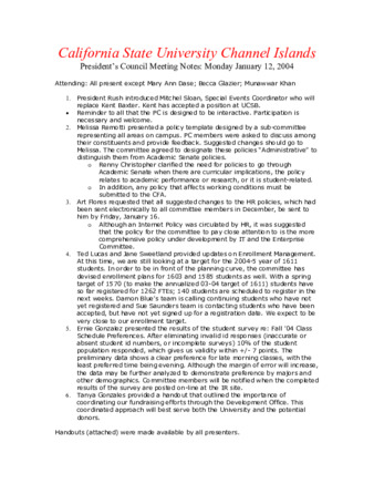 California State University Channel Islands: President's Council Meeting Notes: Monday January 12, 2004 thumbnail