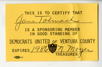 Jane Tolmach Democrats United of Ventura County membership card 1986 thumbnail