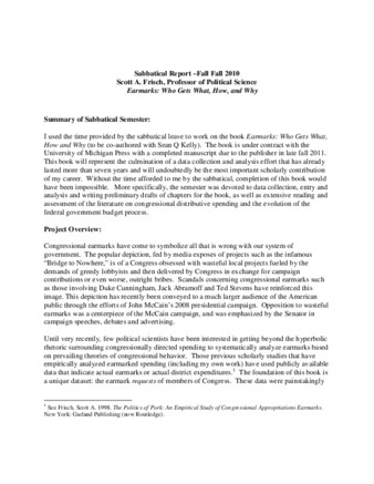 Sabbatical Report, Fall 2010. Earmarks: Who Gets What, How, and Why thumbnail
