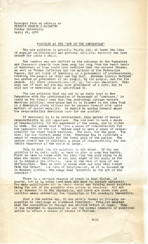 Excerpts from an address by Senator Eugene J. McCarthy Politics as the "Art of the Impossible" thumbnail