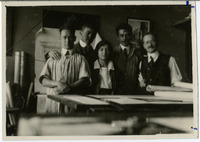 Morgan's architectural staff: Louis Schalk, Walter Steilberg, Dorothy Wormser [Coblentz], Thaddeus Joy, Camille Solon, c. 1922 thumbnail