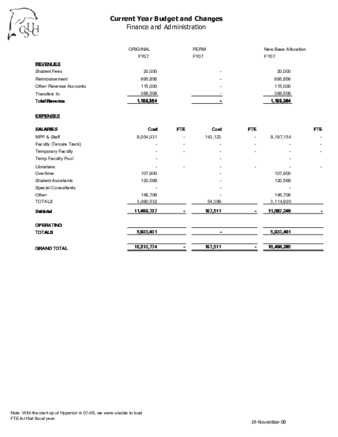 Finance and Administration 2008-2009 Current Year Budget Changes thumbnail