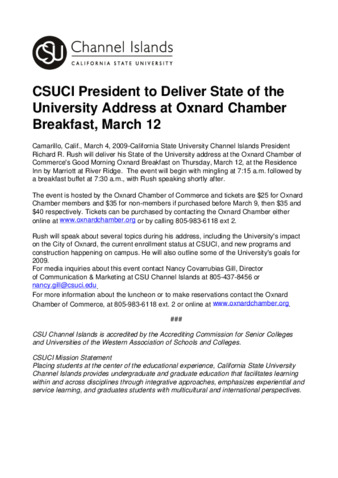 CSUCI President to Deliver State of the University Address at Oxnard Chamber Breakfast, March 12 thumbnail