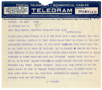 Telegram from William Randolph Hearst to Julia Morgan, May 14, 1921 thumbnail