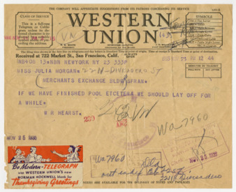 Telegram from William Randolph Hearst to Julia Morgan, November 23, 1935 thumbnail