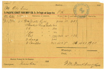 [Freight bill from the Pacific Coast Railway Company to Ah Louis], June 21, 1888 thumbnail