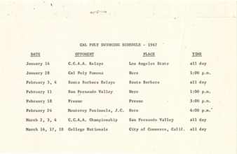 Cal Poly swimming schedule -1967 thumbnail