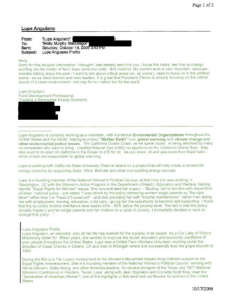 Email from Lupe Anguiano to Molly MacGregor regarding Her Profile thumbnail