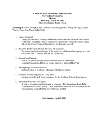 Curriculum Committee Meeting Minutes for March 20, 2003 thumbnail