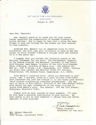 Letter to Ginger Gherardo on behalf of Bottle Village from Mrs. Walter Mondale (Vice President of the United States) thumbnail