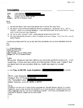 Email Between Lupe Anguiano and Anna Bermudez Regarding Artifacts for the Ventura County Museum Exhibit thumbnail