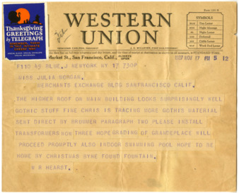 Telegram from William Randolph Hearst to Julia Morgan, November 17, 1927 thumbnail