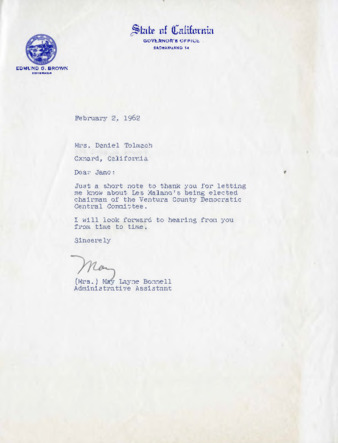 Letter to Jane Tolmach from May Layne Bonnell thumbnail