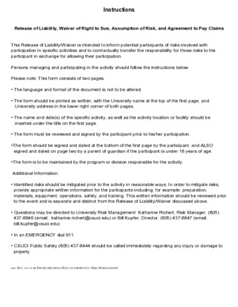 InstructionsRelease of Liability, Waiver of Right to Sue, Assumption of Risk, and Agreement to Pay Claims Instructions thumbnail