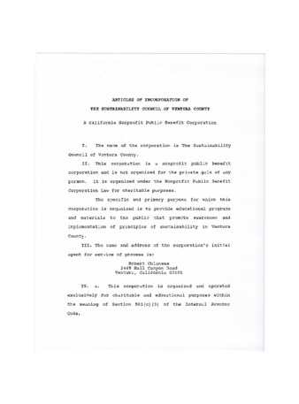 Articles of Incorporation of the Sustainability Council of Ventura County thumbnail