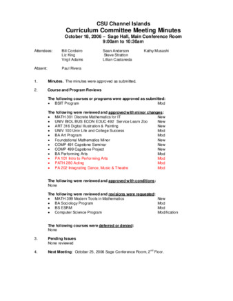 Curriculum Committee Meeting Minutes for October 18, 2006 thumbnail