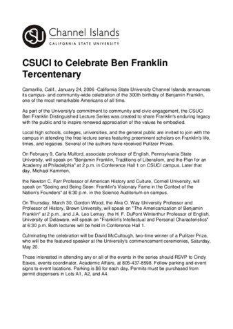 CSUCI to Celebrate Ben Franklin Tercentenary thumbnail