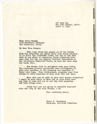 Correspondence from Grace Barneberg to Julia Morgan, April 1, 1932 thumbnail