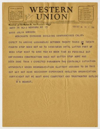 Telegram from William Randolph Hearst to Julia Morgan, October 16, 1928 thumbnail