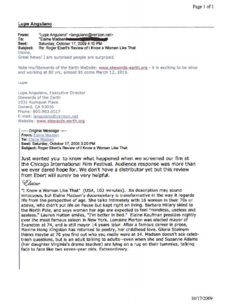 Email from Lupe Anguiano to Elaine Madsen regarding "I Know A Woman Like That" Movie Review thumbnail