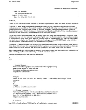 Email correspondence between Michele Serros and Lynn Weingarten thumbnail