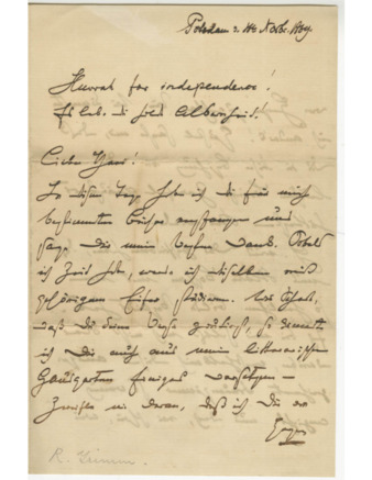 Autograph letter from Rudolf Grimm to Alexander Wheelock Thayer (9 October 1869) thumbnail