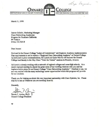Letter of Commitment from Oxnard College Regarding the Regional Cisco Networking Academy thumbnail