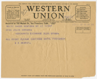Telegram from William Randolph Hearst to Julia Morgan, November 27, 1935 thumbnail