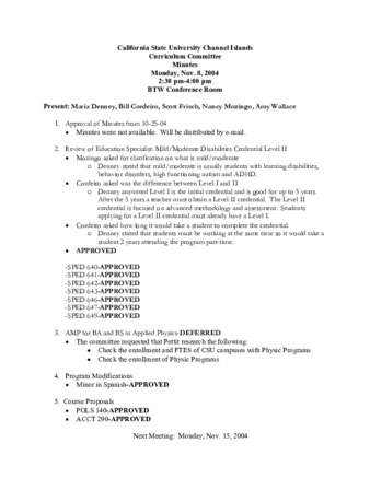 Curriculum Committee Meeting Minutes for November 8, 2004 thumbnail
