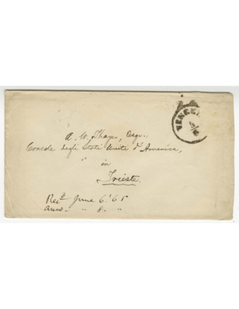 Envelope for a letter sent to A. W. Thayer in Trieste in June, 1865, sender unknown thumbnail