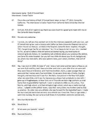 Transcript of Oral History Interview of Ruth O'Connell thumbnail