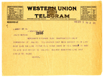 Telegram from William Randolph Hearst to Julia Morgan, April 3, 1921 thumbnail