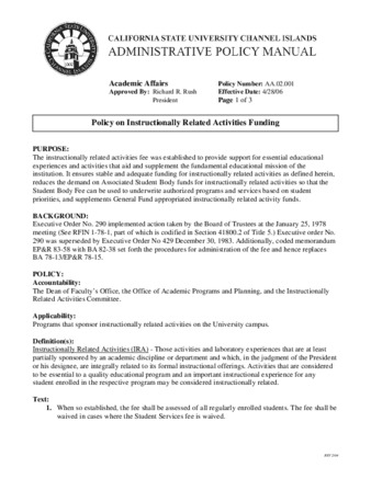 AA.02.001 - Policy on Instructionally Related Activities Funding (Superseded BY AA.02.002) thumbnail