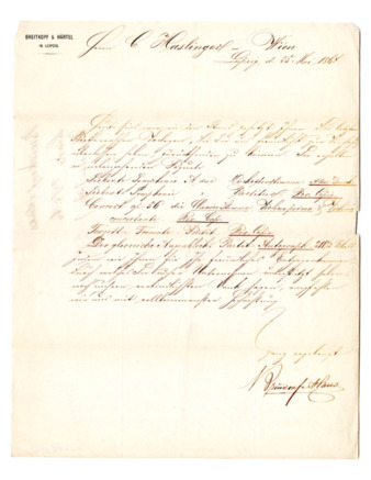 Autograph letter signed from Breitkopf & Härtel to Carl Haslinger, May 25, 1864 thumbnail