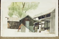 Wagon Wheel Leaning Against Old Farm Building thumbnail