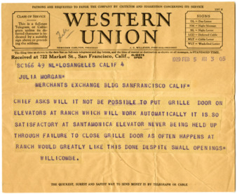 Telegram from Joseph Willicombe to Julia Morgan, February 5, 1929 thumbnail