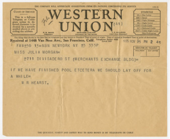 Telegram from William Randolph Hearst to Julia Morgan, November 23, 1935 thumbnail