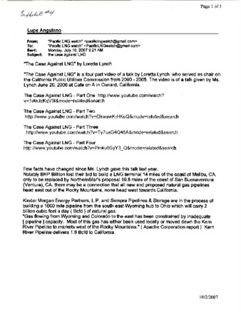Email to Lupe Anguiano regarding "The Case Against LNG" thumbnail