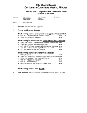 Curriculum Committee Meeting Minutes for April 25, 2007 thumbnail