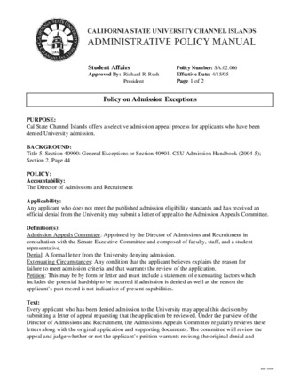 SA.02.006 - Policy on Admission Exceptions (Superseded by SA.02.011) thumbnail