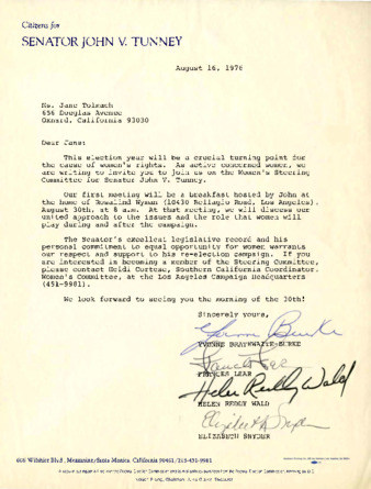 Letter to Jane Tolmach from Citizens for Senator John V. Tunney thumbnail
