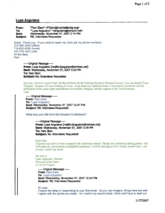 E-mail between Pam Elam and Lupe Anguiano thumbnail