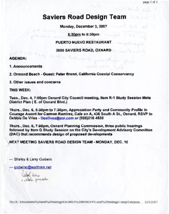 Agenda, Saviers Road Design Team, December 3, 2007 thumbnail